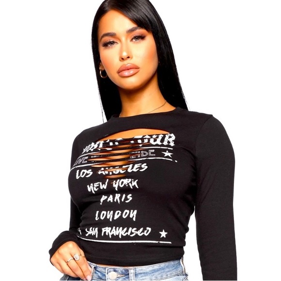 Fashion Nova Tops - NEW Fashion Nova World Tour LA NY London Paris🌆 Black Laser Cut T Shirt L